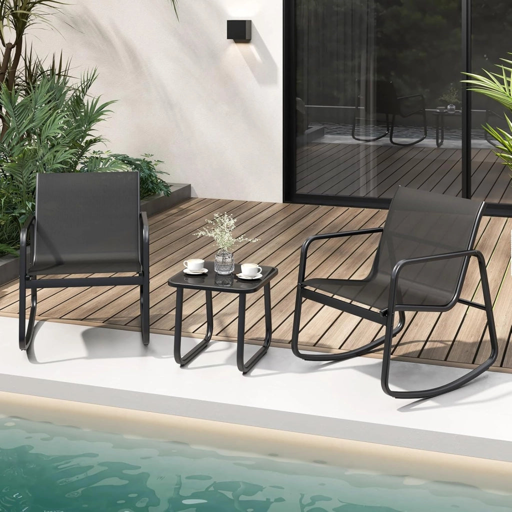 Set Bistrò 3 Pezzi, Sedie a Dondolo Ergonomiche in Textilene, Tavolino in Vetro Temperato, Struttura in Metallo, per Balcone, Giardino e Terrazzo (Nero)