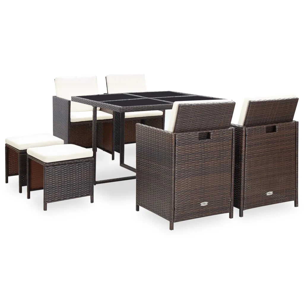 Set da Pranzo da Giardino 9 pz con Cuscini Polyrattan Marrone cod mxl 35558