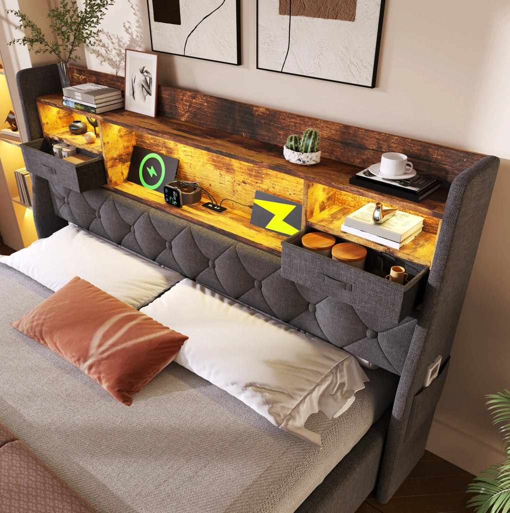 Letto contenitore 140x190 cm con LED, testiera con ricarica USB/Type-C e rete