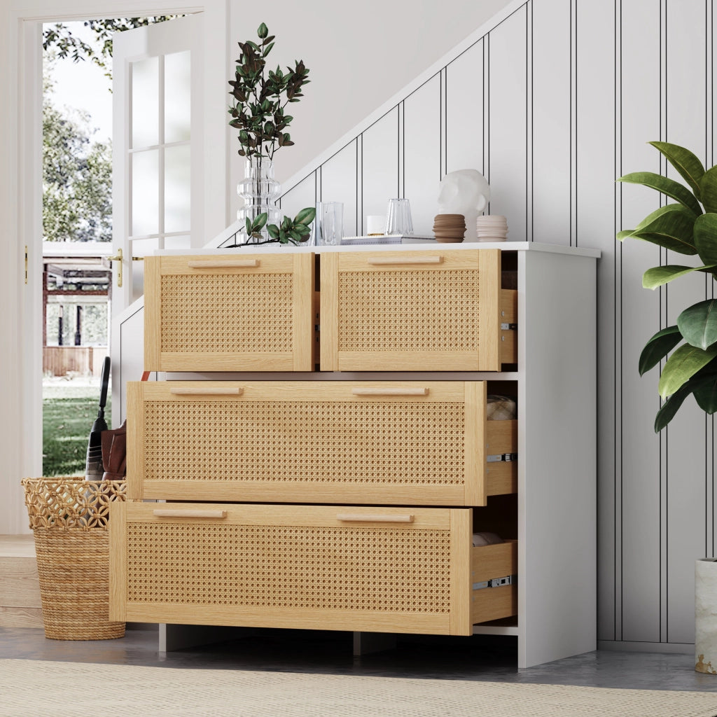 Cassettiera con 4 Cassetti in Rattan e Maniglie in Legno Massello; Stile Moderno; in MDF; Naturale e Bianco; 80??38??80 cm