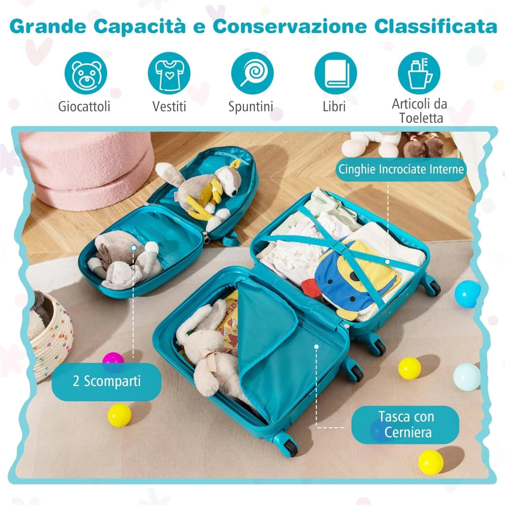 Set di 2 Valigia per Bambini, 16" Valigia+ 13" Zaino, con Ruote Girevoli a 360°, Maniglia Retrattile e Spallacci Regolabili, Ideale per Viaggiare in Modo Comodo e Divertente (Modello 1)