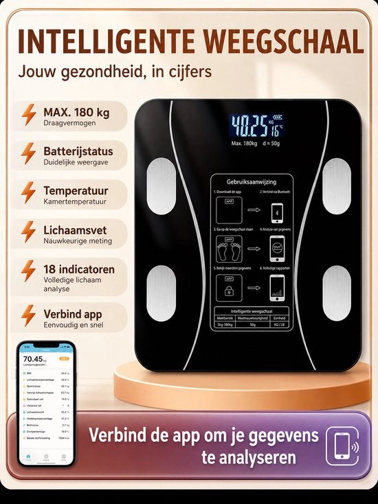Peso corporeo - Bilancia digitale - misura grasso corporeo - misura massa muscolare - con app per smartphone - Bluetooth - digitale