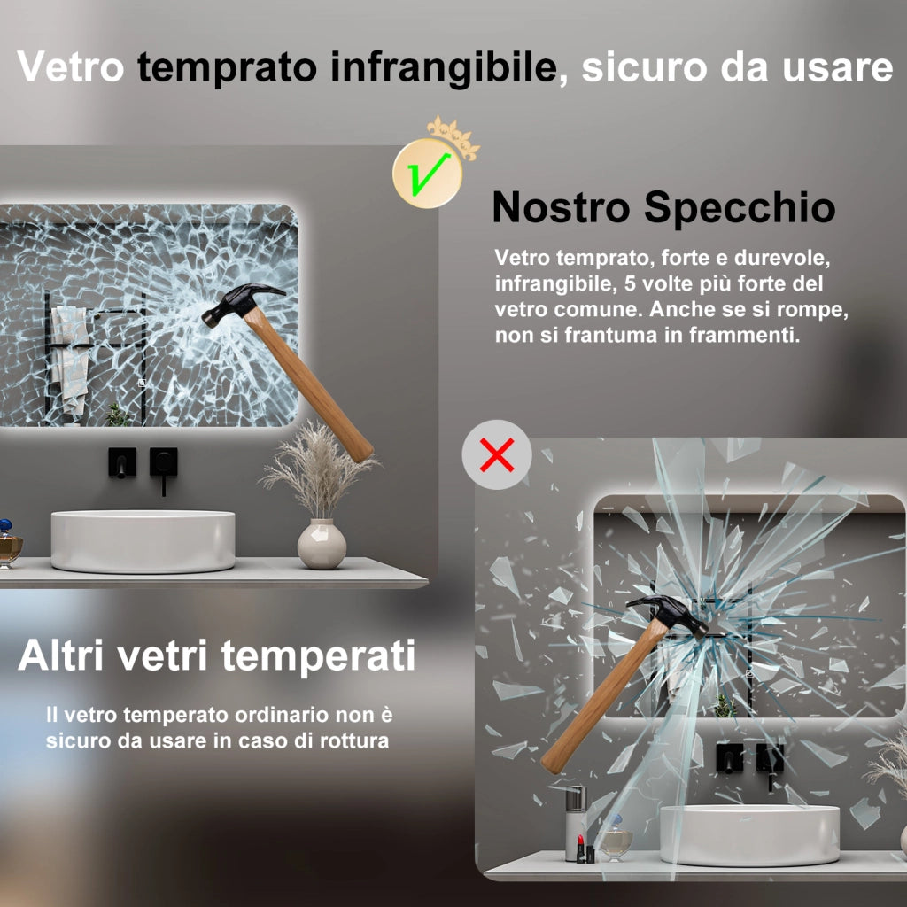 AICA Specchio da bagno 100 x 60 cm, dimmerabile, interruttore touch, Funzione Memoria
