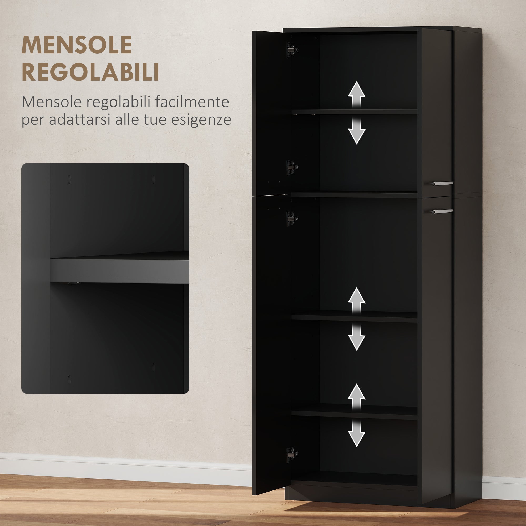 Mobile Contenitore Minimal 59x31x155 cm con 2 Armadietti e Mensole Regolabili in Legno Nero