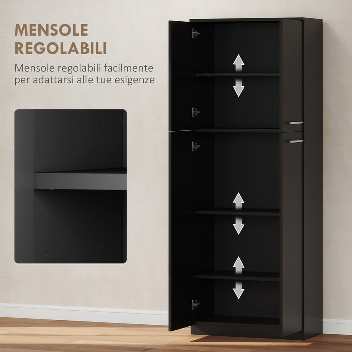 Mobile Contenitore Minimal 59x31x155 cm con 2 Armadietti e Mensole Regolabili in Legno Nero