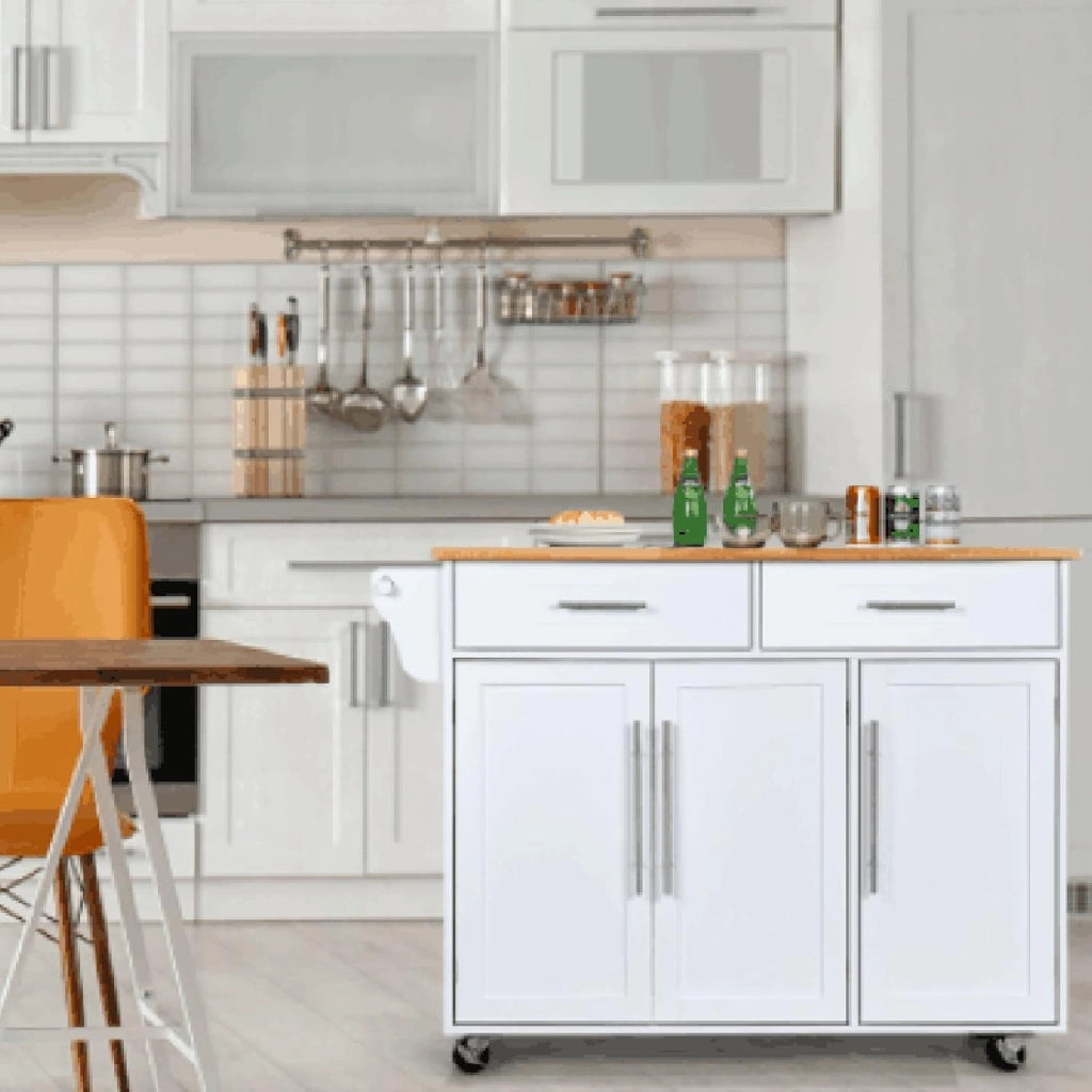 Carrello da Cucina in Legno, Credenza con Ruote, Armadietto Autoportante, Piano in Legno di Gomma, 2 Portaoggetti, 2 Cassetti, 3 Ante, 4 Ruote, per Sistemazione, Bianco, 122x46x92,3 cm