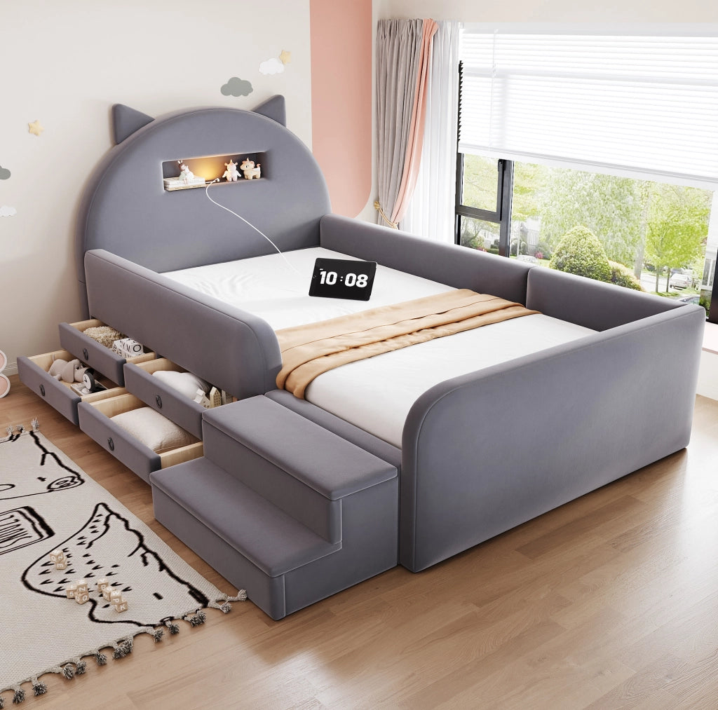 Letto imbottito 90x200 cm con contenitore; luce notturna e USB in velluto grigio scuro