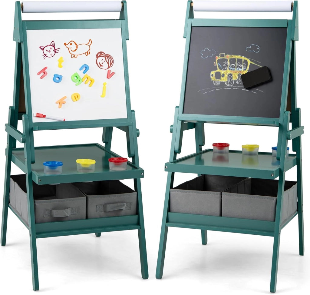 3 in 1 Cavalletto per Bambini, Cavalletto con Doppia Faccia Magnetica e Lavagna Bianca, Rotolo di Carta, 3 Bicchieri per Vernice e 2 Ceste in Tessuto, per Bambini 3-6 Anni (Verde)