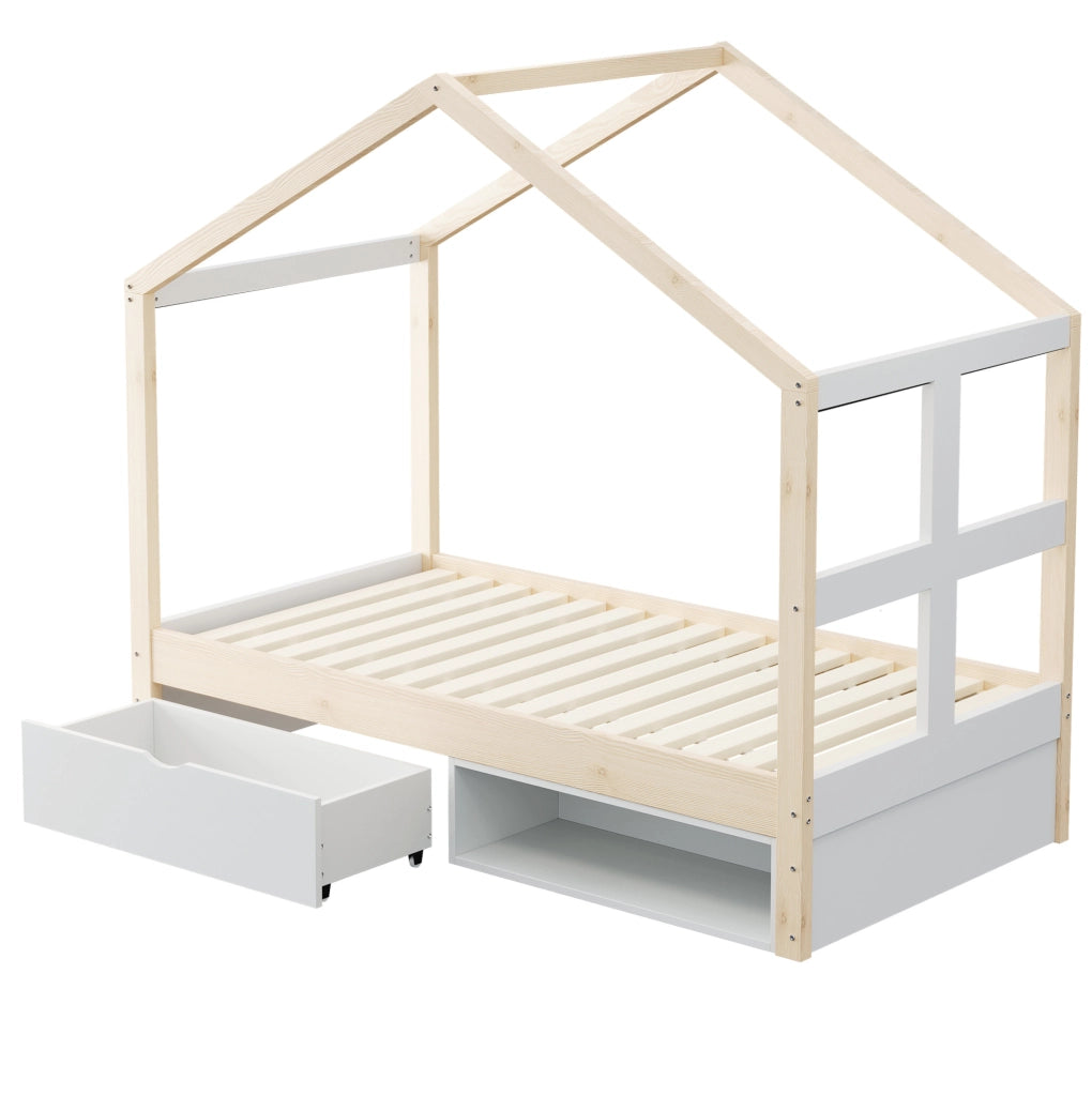 Letto singolo a casetta 90x190 cm con cassetto, scarpiera e LED