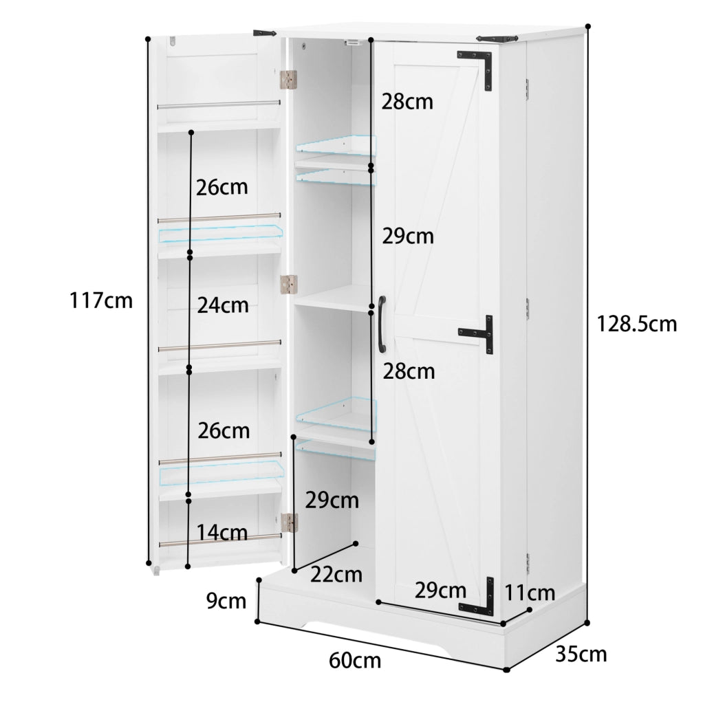 Credenza ULEVR 60x35x128,5 cm con 2 ante, 10 ripiani regolabili e LED automatico, bianca