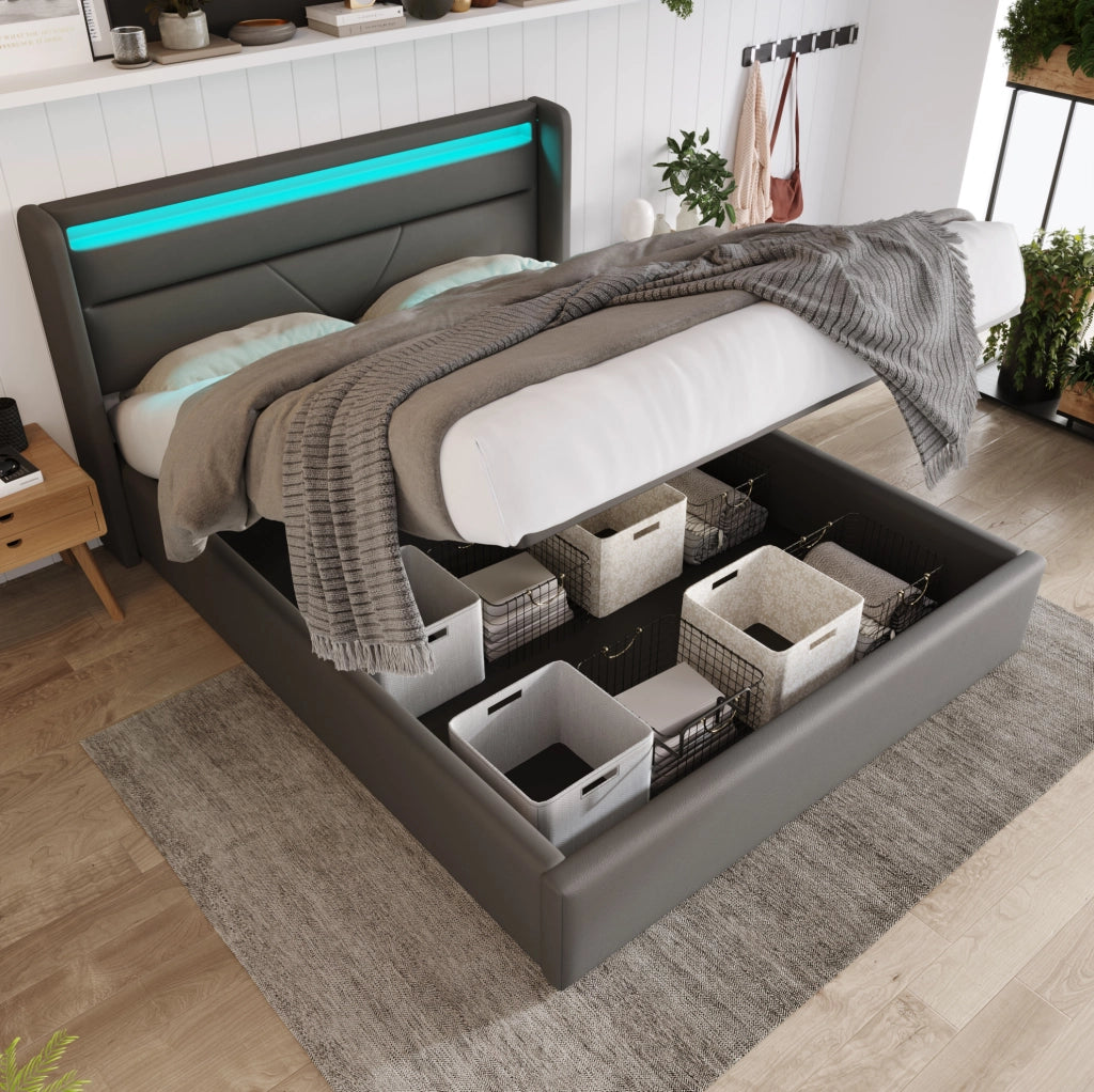 Letto contenitore matrimoniale 160x200 cm in PU con LED e telecomando; grigio
