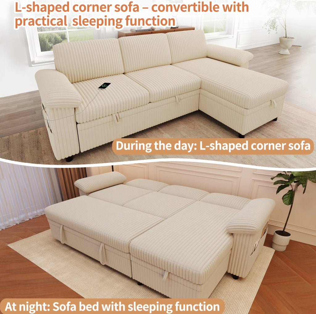 Divano angolare modulare 3 posti con letto estraibile; beige; USB e Type-C