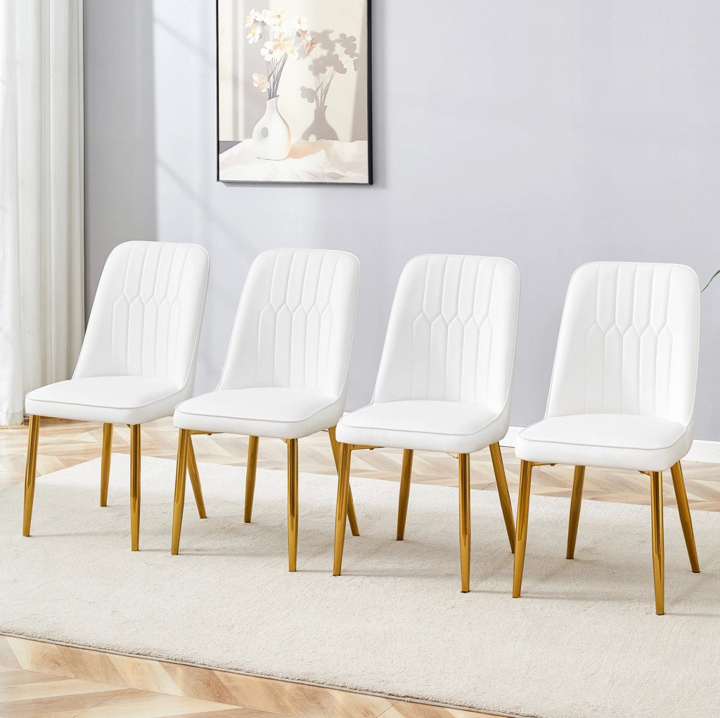 Sedia da pranzo in PU con schienale ergonomico; gambe in metallo; bianco e oro