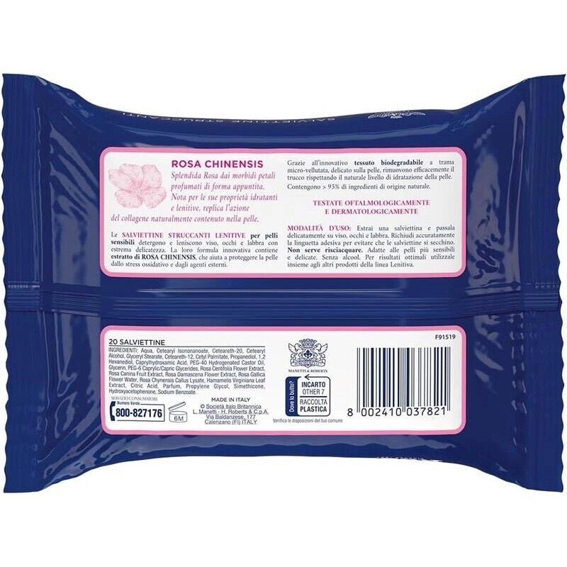 ACQUA ALLE ROSE SALVIETTINE STRUCCANTI LENITIVE PER PELLI SENSIBILI CON ESTRATTO DI ROSA CHINENSIS VISO OCCHI E LABBRA 20 PZ