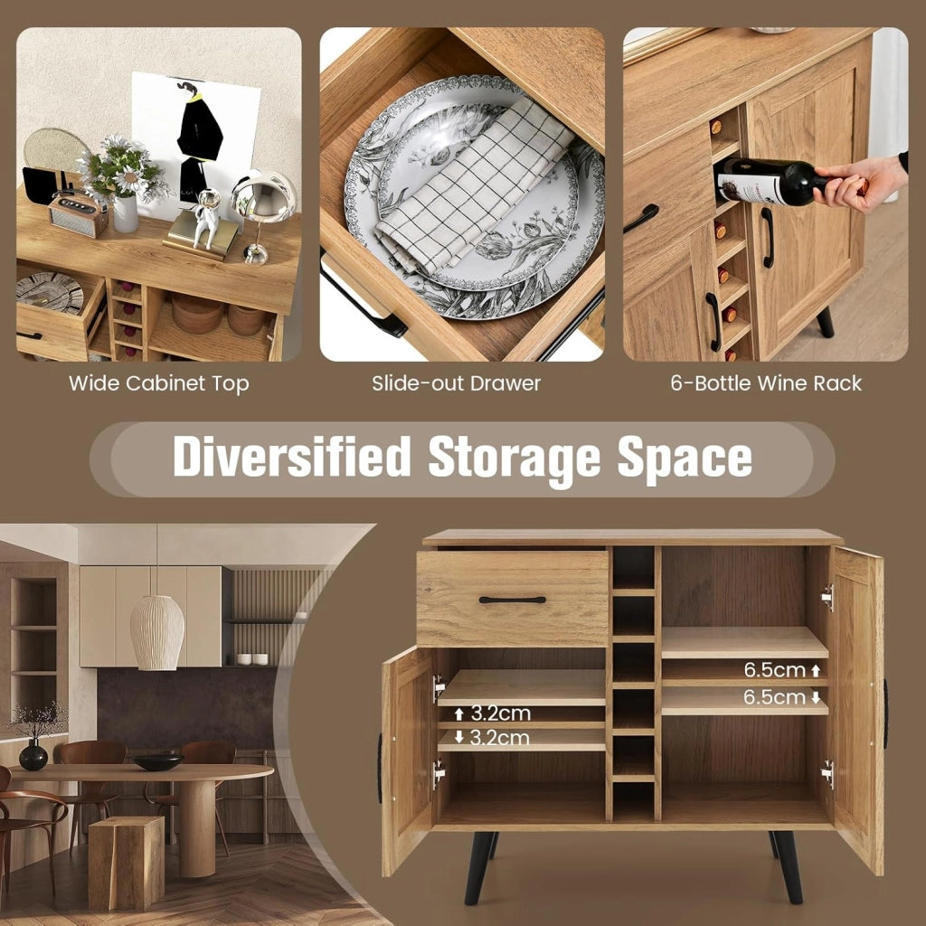 Credenza Cucina Industriale, Cantinetta Vino Legno con 6 Bottiglie di Vino, 2 Scomparti con Anta e Dispositivo Antiribaltamento, Mobile a Buffet, Bar, Naturale, 90 x 40 x 79 cm