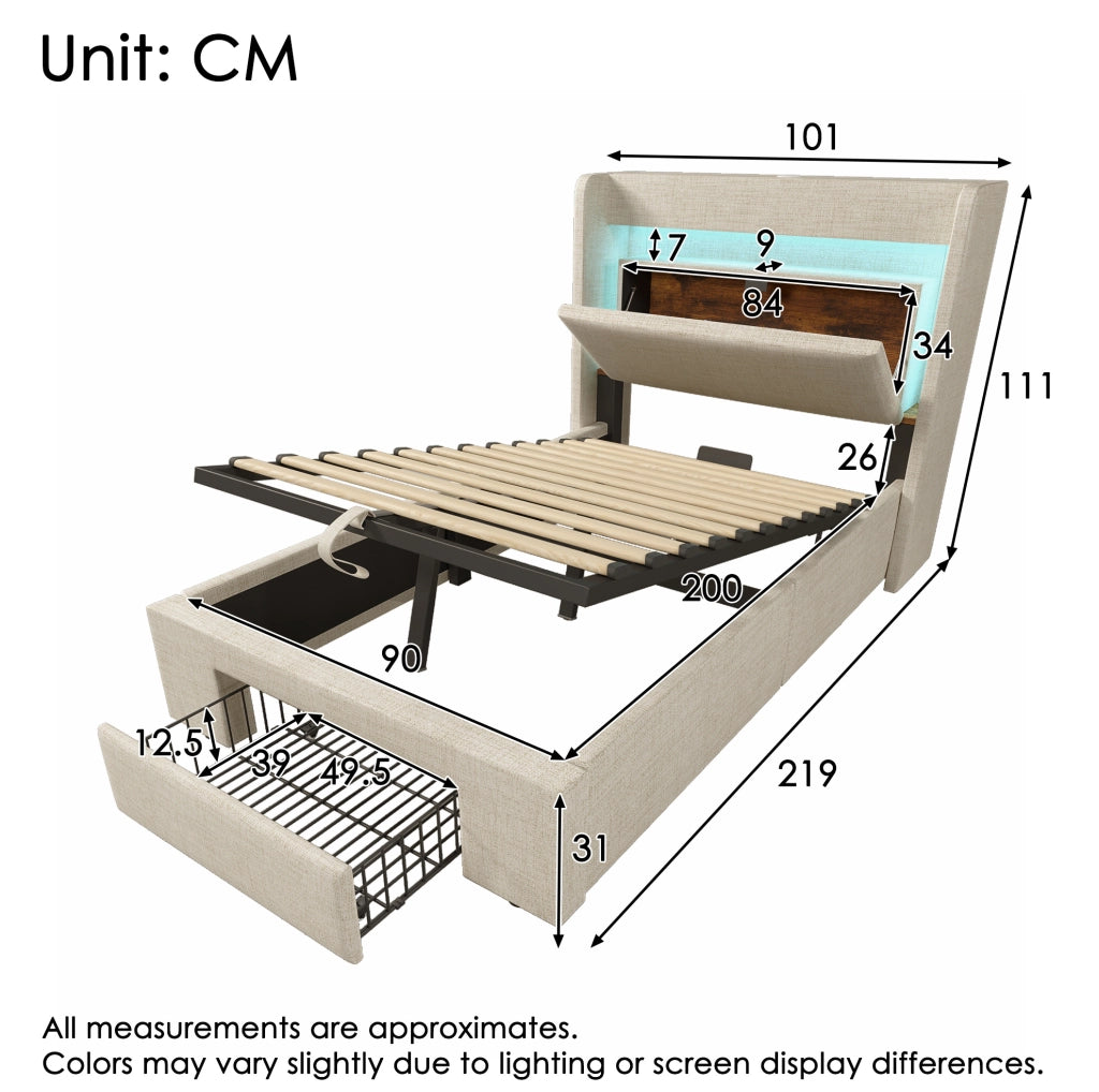 Letto imbottito 90x200 cm con contenitore idraulico; LED; USB e USB-C; beige; con materasso