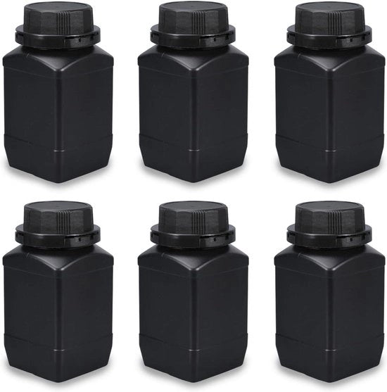 Set di 6 flaconi da 500 ml con collo largo e coperchi a viti per la conservazione di sostanze chimiche. Adatto per uso laboratoristico e conservazione in cucina o in casa (nero).