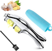 Presa d'aglio 2-in-1 con manico in acciaio inossidabile, ergonomico, inclusa schiuma d'aglio e spazzola per la pulizia, lavabile in lavastoviglie