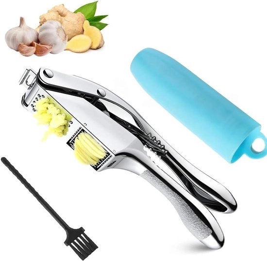 Presa d'aglio 2-in-1 con manico in acciaio inossidabile, ergonomico, inclusa schiuma d'aglio e spazzola per la pulizia, lavabile in lavastoviglie