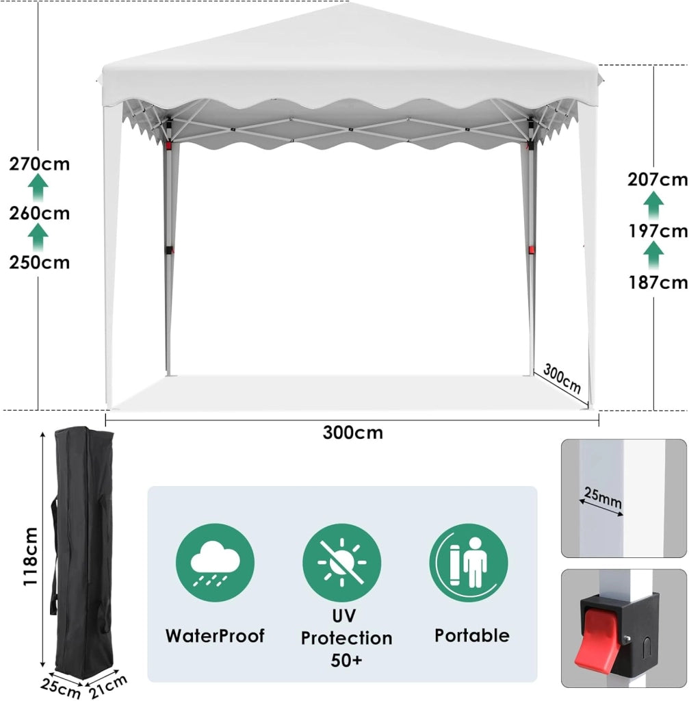 Gazebo 3x3, Gazebi Pieghevole con Oxford, Tenda Giardino Pieghevole, Impermeabile, per Feste, Tenda con 4 PCS Sacchi di Sabbia, Padiglione Giardino Protezione UV 50+, Per il Campeggio (Bianco)