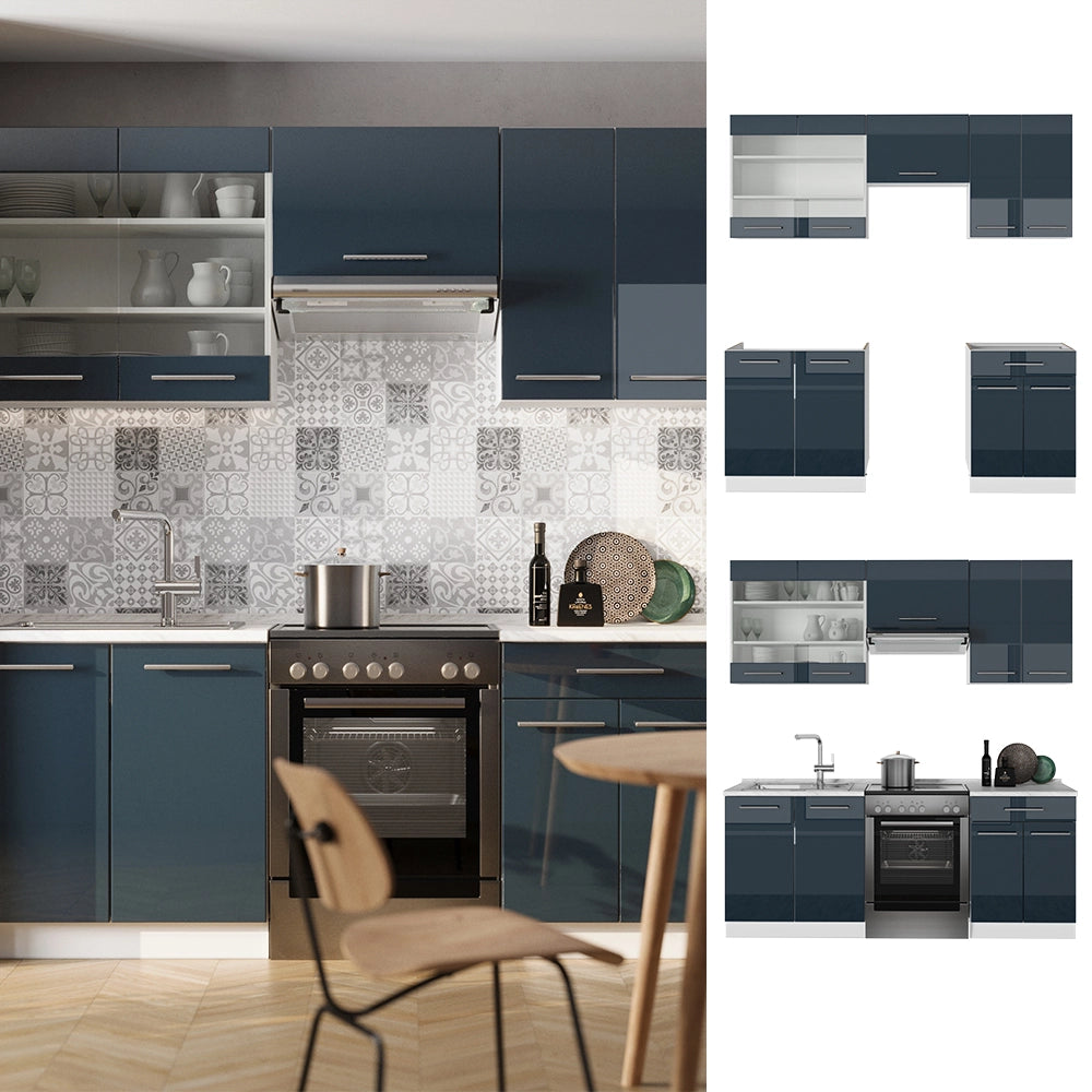 Mobili da cucina Fame-Line Blu scuro lucido/Bianco 200 cm, PL Marmo Vicco