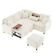 Divano angolare letto con contenitore; USB e Type-C; lampada - in chenille beige