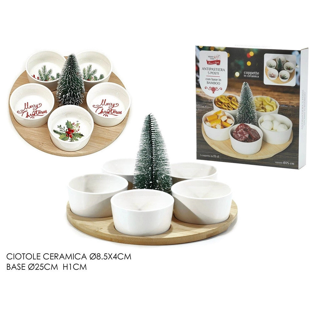 Trade Shop - Set Antipastiera 5 Posti Per Antipasti Di Natale Con Base In Bamboo Coppette In Ceramica -