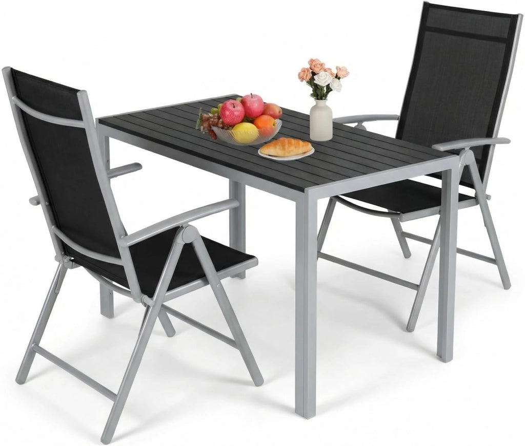Set di 3 Mobili da Giardino in Alluminio, Tavolo Rettangolare 110x70 cm + 2 Sedie Pieghevoli Regolabili, Resistente alle Intemperie, Arredamento per Terrazza, Balcone e Esterno, Grigio Argento