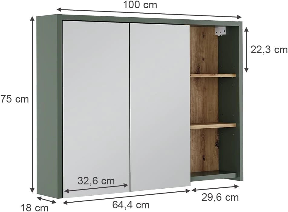 Mobile a specchio per bagno Viola, Verde/Artigianale, 100 x 75 cm con ripiani aperti, per montaggio a parete con ripiani aperti