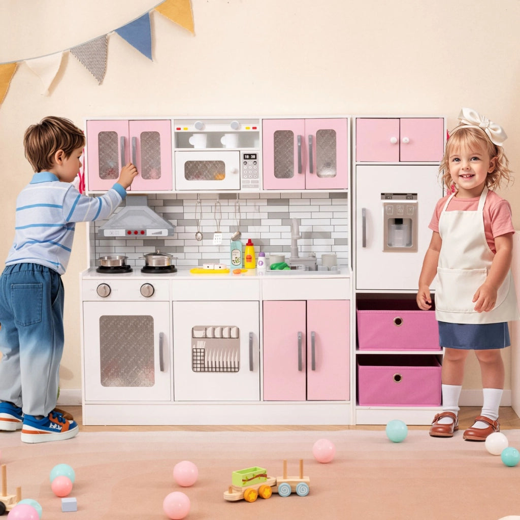 Cucina legno da gioco con spazio di stoccaggio e accessori, Cucina legno da gioco con luci e funzioni interattive Rosa