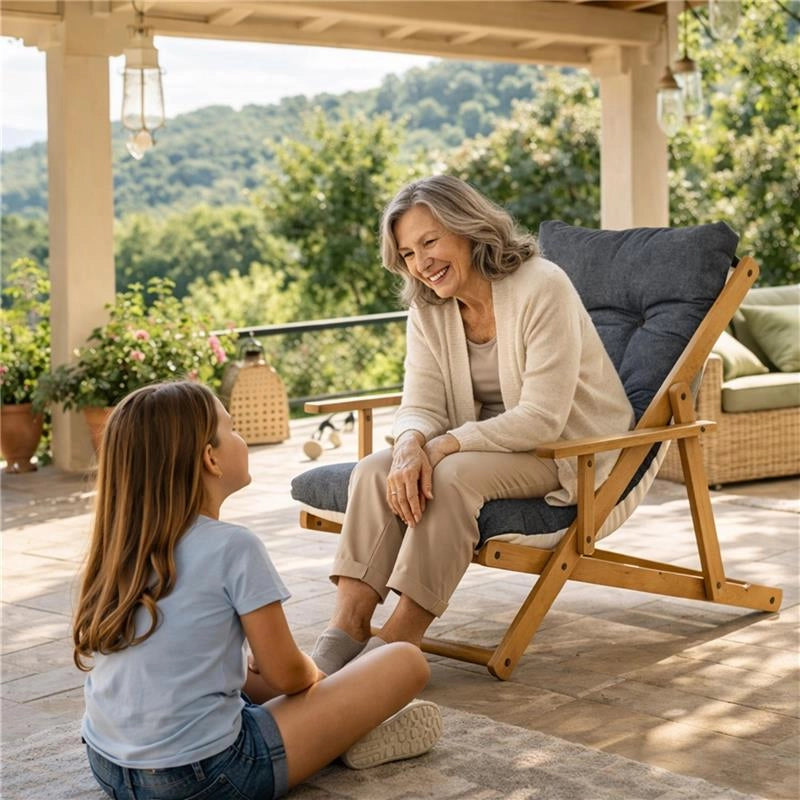POLTRONA RELAX COMODONA IN LEGNO TELAIO MIELE E TESSUTO BLU JEANS 3 POSIZIONI