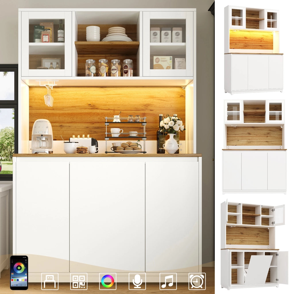 Credenza e madia con ante in acrilico, LED e vani aperti, per cucina e soggiorno, bianco, 120 × 40 × 180 cm