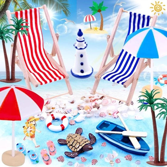 Miniaturo di Paesaggio Marittimo Decorativo - Ombrellino da Spiaggia e Palma - 15 Pezzi - Per Giardino e Piscina in Miniatura - Regalo per Bambini.