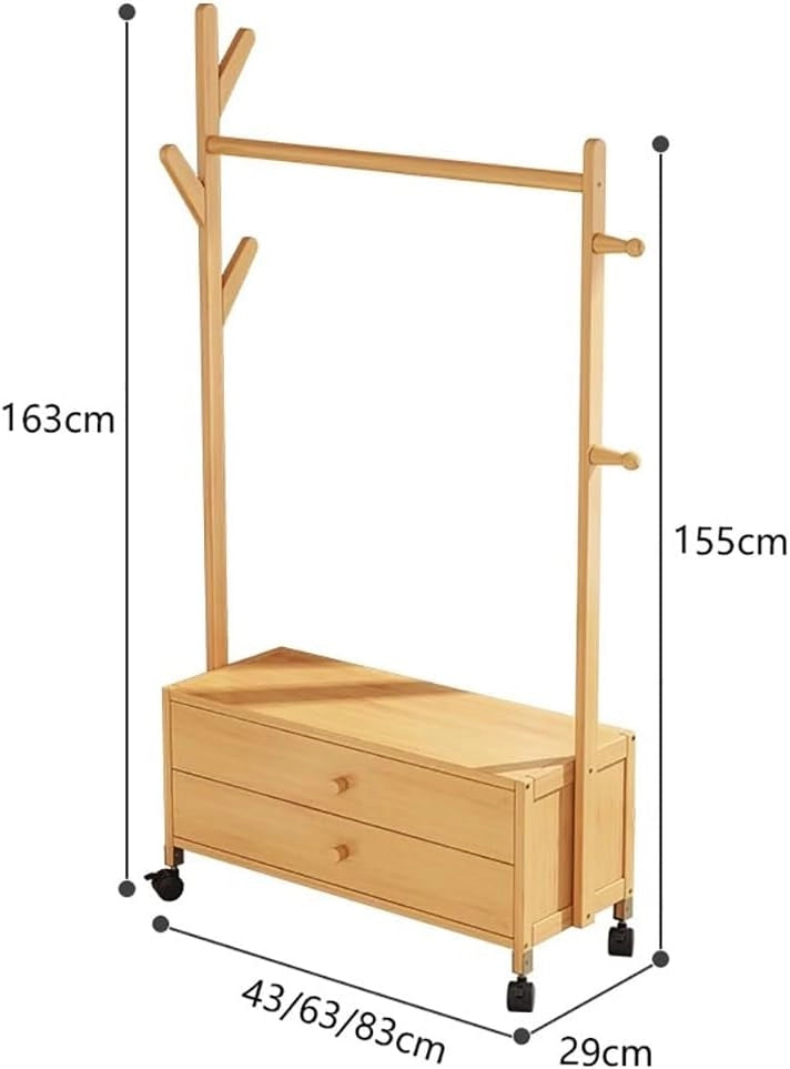 Appendiabiti in bambù con Ruote, Appendiabiti, Guardaroba Aperto con cassetto a 2 Ripiani, Appendiabiti Portatile Indipendente per Vestiti, Cappelli, Borse - L: 43/63/83 cm