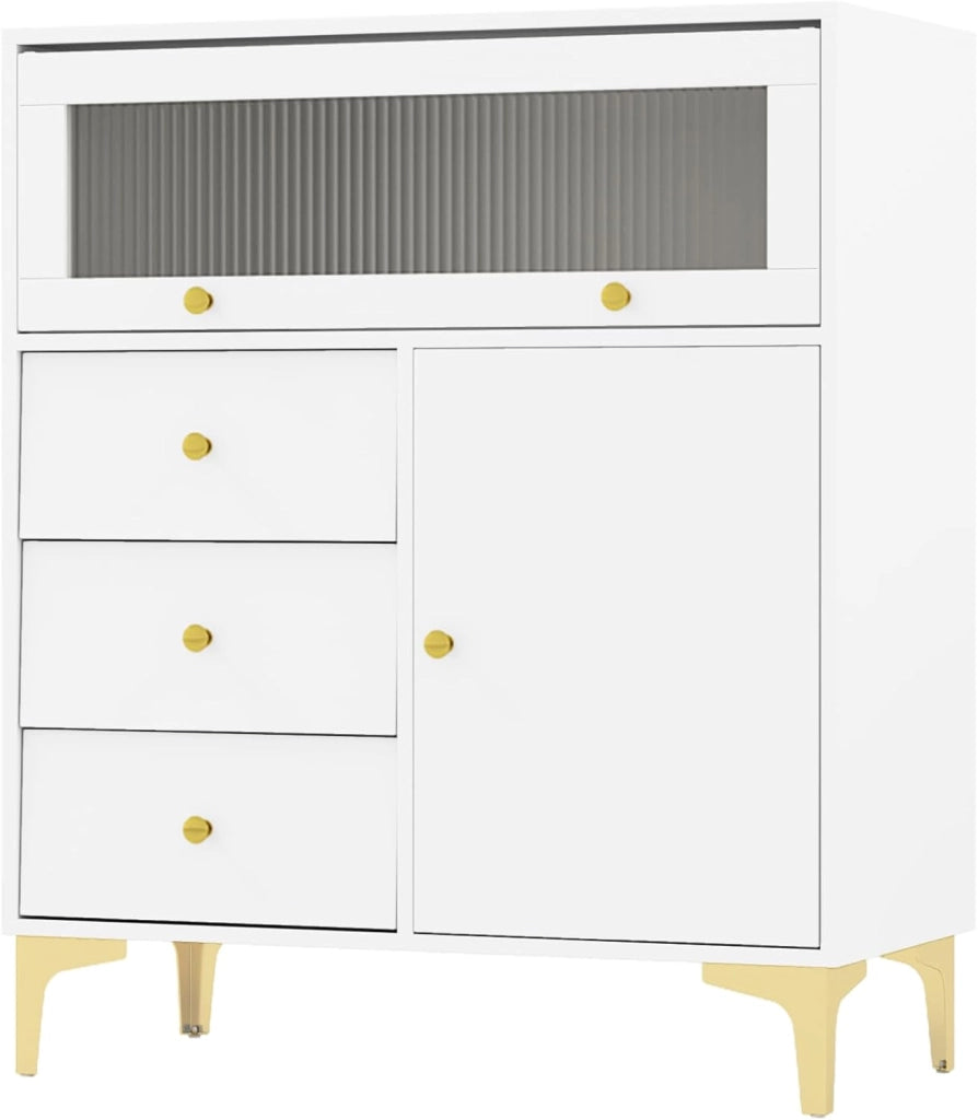 Cassettiera con cassetti e porta in vetro, armadietto a buffet, con piedini in metallo, credenza 80 x 40 x 95,5 cm, bianco, multiuso, in legno, per soggiorno, corridoio