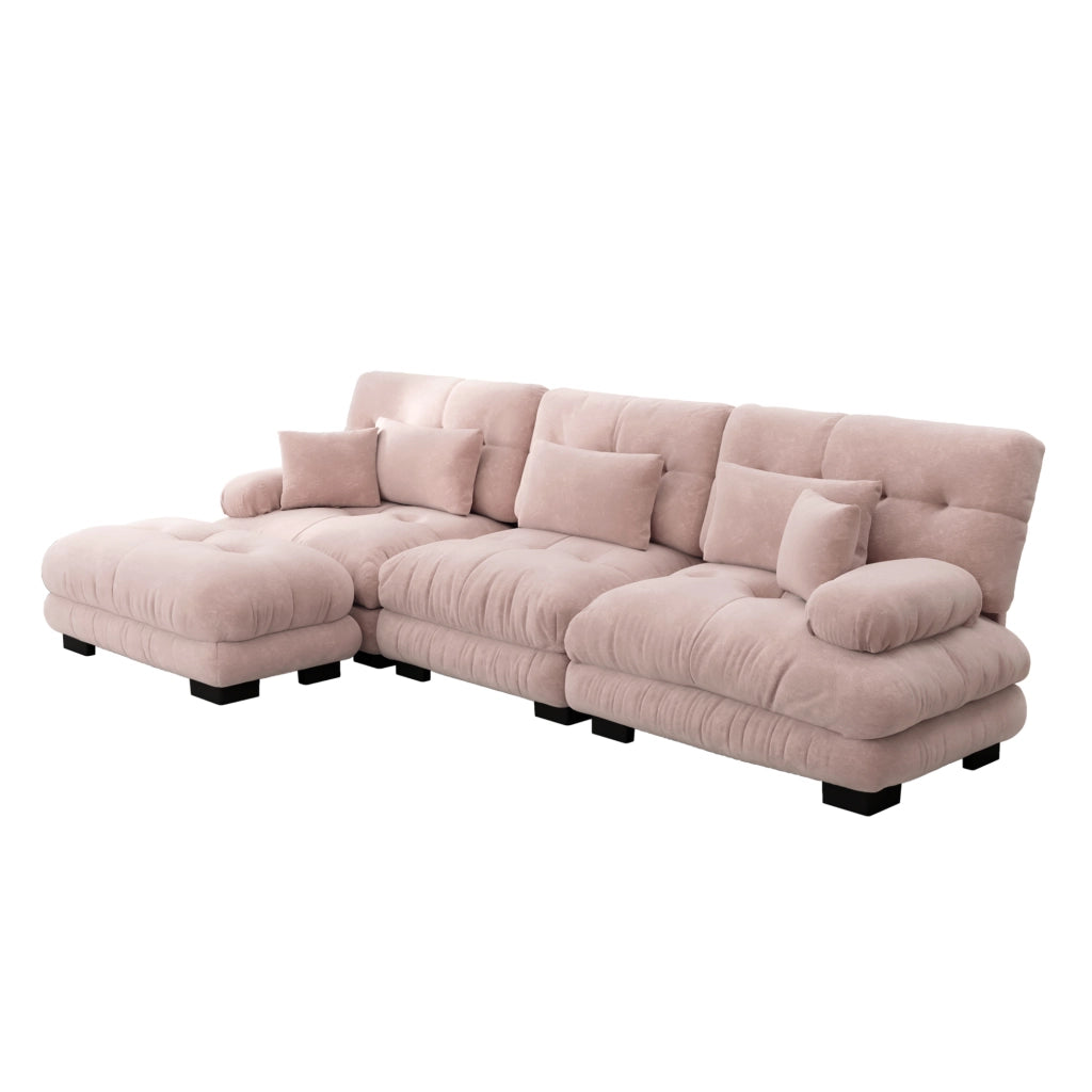 Divano modulare angolare 313x145x81 cm in ciniglia rosa con pouf mobili