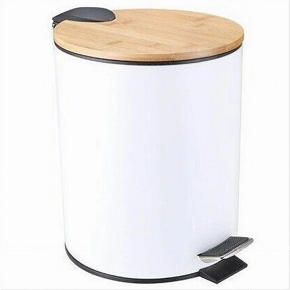 Trade Shop - Pattumiera Acciaio A Pedale 5 Litri Bidone Cestino Spazzatura Bianco Legno 87456 -