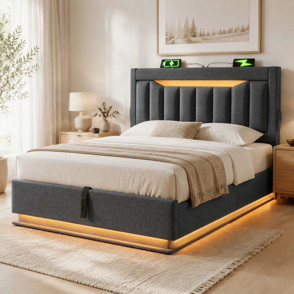 Letto singolo imbottito 90x200 cm con LED, testiera con ricarica USB e Type-C, grigio