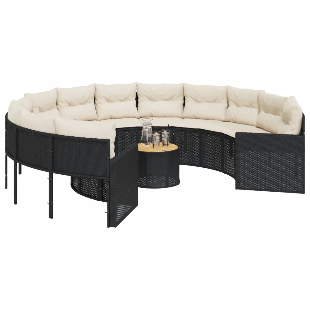 vidaXL Divano Giardino con Tavolo e Cuscini Circolare Nero Polyrattan