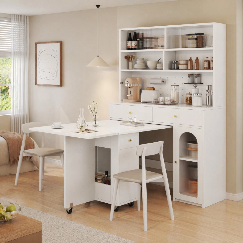 Set mobile cucina con tavolo pieghevole 120 cm in MDF bianco