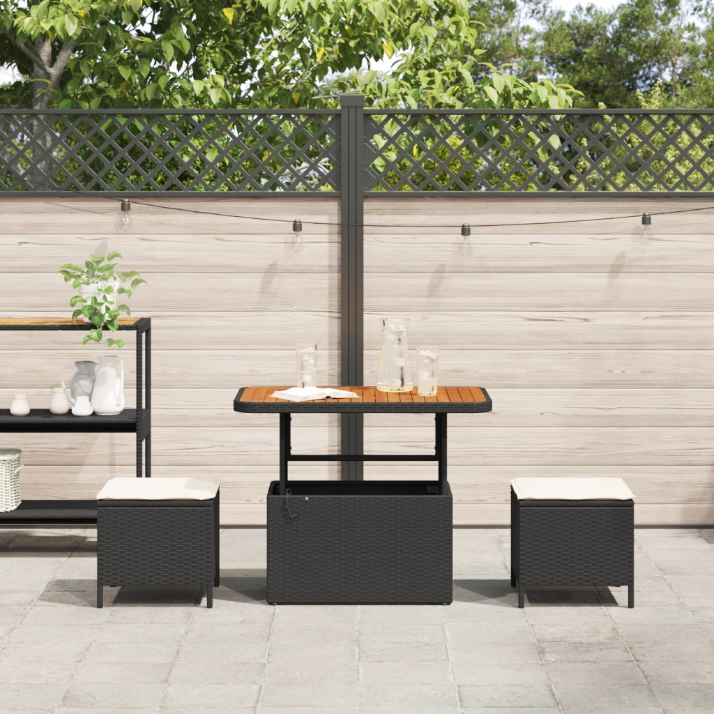 Set da pranzo da giardino 3 pezzi con cuscini in polirattan nero e acacia
