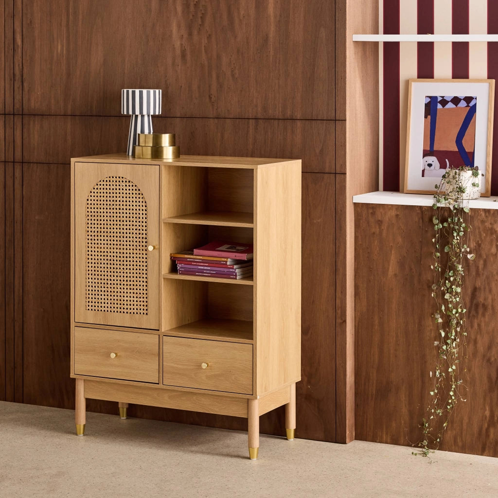 Credenza decorativa in legno e canna 1 anta 75cm, marrone naturale