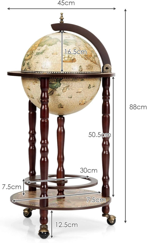 Mappamondo Bar con Ruote Mobili, Porta Liquori Stile Retrò (Beige 45 x 45 x 88cm)
