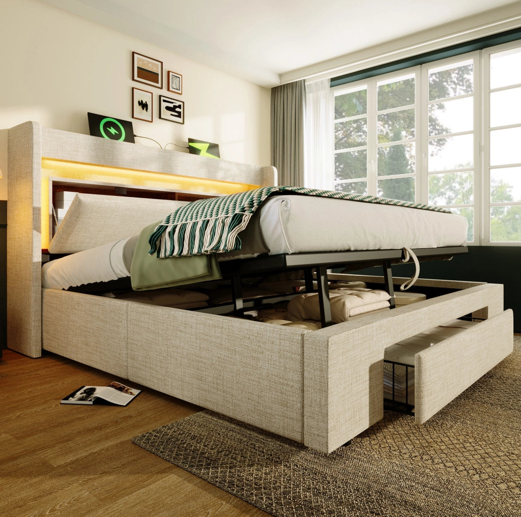 Letto imbottito beige 160 x 200 cm con LED, ricarica USB e materasso