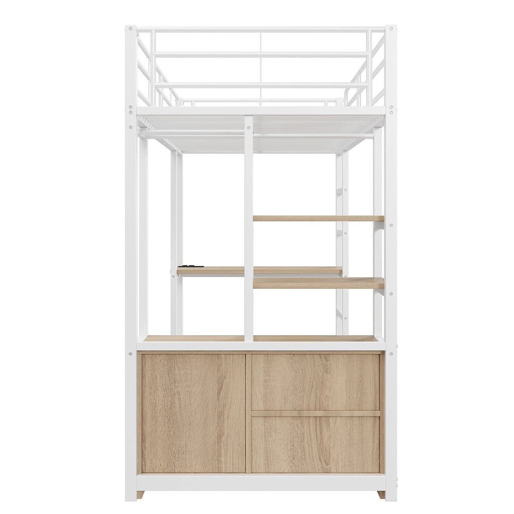 LETTO a soppalco con scrivania 90x200 cm metallo bianco, ripiani aperti
