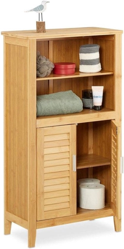Cassa da bagno in bambù, Dimensioni: ca. 92 x 50 x 25 cm, cassa da bagno con porte in design a lamelle, naturale