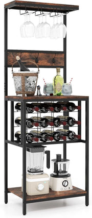 Scaffale da cucina con portabottiglie per 12 bottiglie, 3 ganci doppi e portabicchieri, 54 x 37 x 156 cm, organizer per sala da pranzo bar