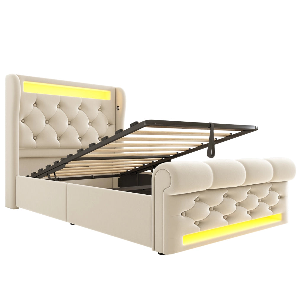 Letto imbottito 90x200 cm con LED, ricarica USB e Type-C, contenitore idraulico, velluto beige, con materasso