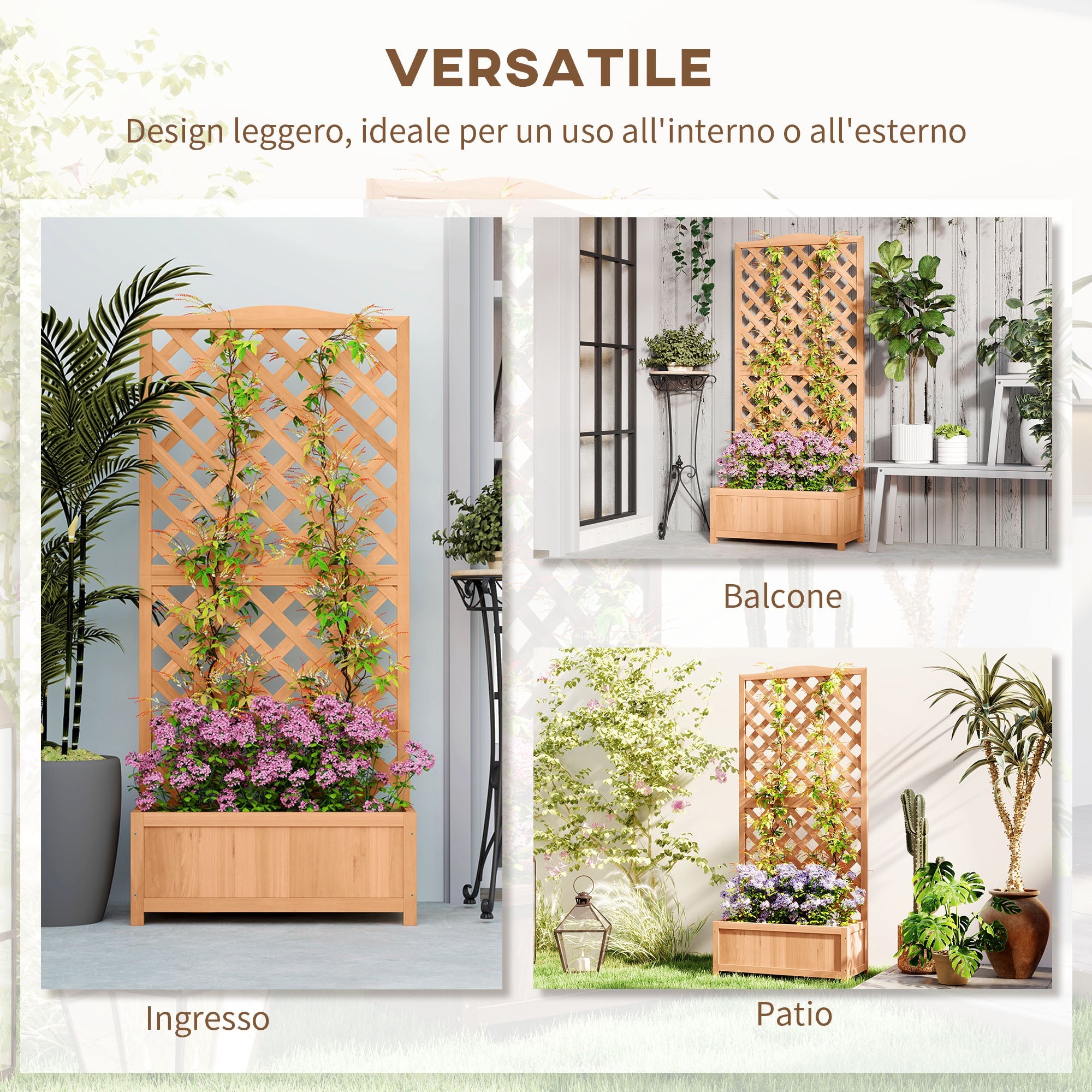 Fioriera con Traliccio per Rampicanti 76x36x170 cm con Fondo Ampio in Legno di Abete