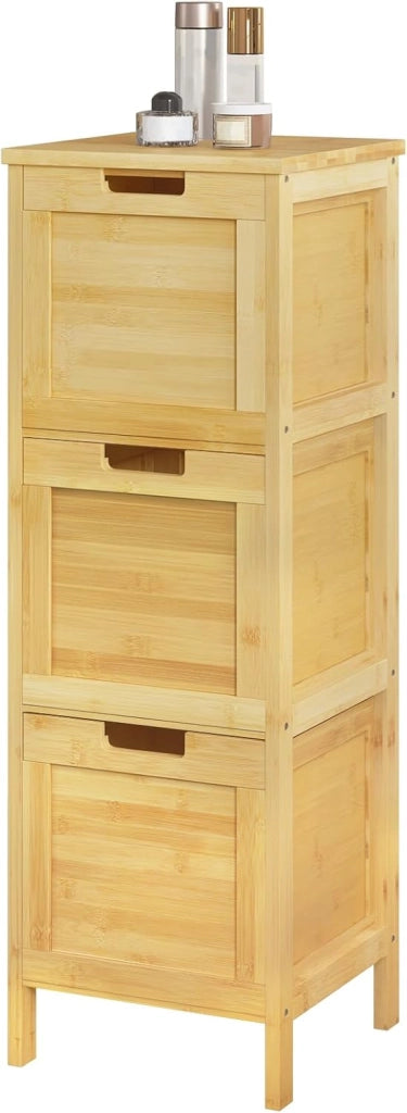 Mobile da Bagno Autoportante, Mobiletto con 3 Cassetti Estraibili, in Bamb, 30x30x90cm, Colore Naturale per Salotto, Camera da Letto, Cucina
